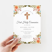 Elegant Bloemenkruis Eerste Communie Kaart