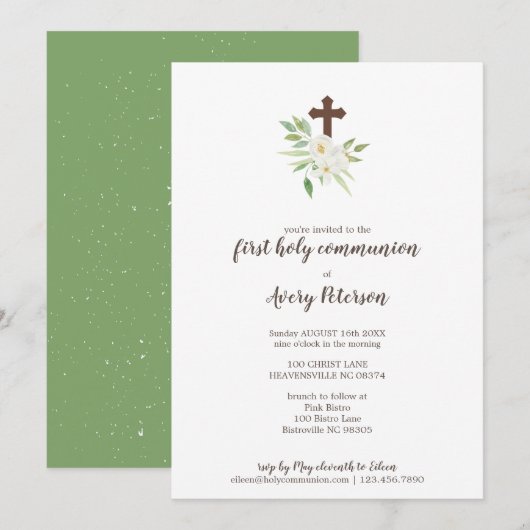 Elegant Bloemenkruis Eerste Heilige Communie Kaart (Voorkant / Achterkant)