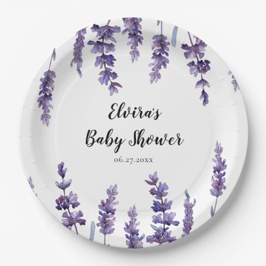 Elegant bloemenlavendel Baby shower Papieren Bordje (Voorkant)
