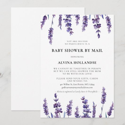 Elegant bloemenlavendel Baby shower per post Kaart (Voorkant / Achterkant)