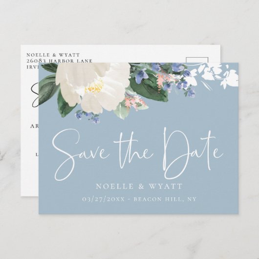 Elegant Bloemenlicht Blauw Bruiloft Save the Date Aankondigingskaart (Voorkant / Achterkant)