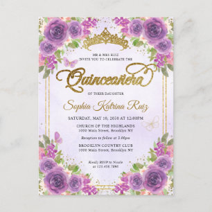 Elegant Bloemenlicht Paarse Gouden Tiara Quinceañe Briefkaart