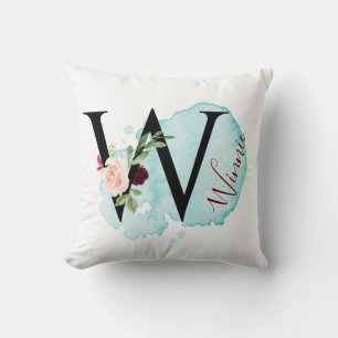 Elegant bloemenmonogram W gepersonaliseerde naam Kussen