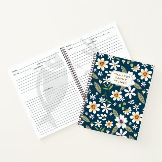 Elegant bloemenpatroon blauw marine familie recept notitieboek (Binnen)