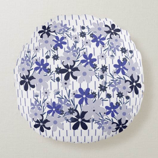 Elegant bloemenpatroon blauw paars violet rond kussen (Voorkant)