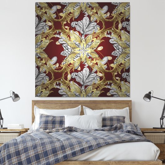 Elegant bloemenpatroon neutrale kleuren goud eleme canvas afdruk (Insitu (Slaapkamer))