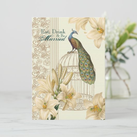 Elegant bloemenpauw repetitiediner kaart (Staand voorkant)