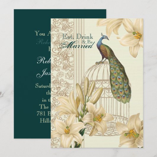 Elegant bloemenpauw repetitiediner kaart (Voorkant / Achterkant)