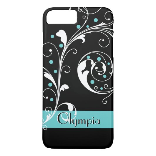 Elegant bloemenrolblad zwart, aqua floreren Case-Mate iPhone case (Achterkant)