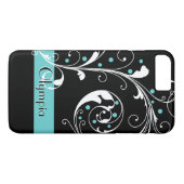 Elegant bloemenrolblad zwart, aqua floreren Case-Mate iPhone case (Achterkant (Horizontaal))