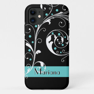 Elegant bloemenrolblad zwart, aqua floreren iPhone 11 hoesje