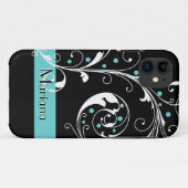 Elegant bloemenrolblad zwart, aqua floreren Case-Mate iPhone case (Achterkant (horizontaal))