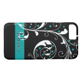 Elegant bloemenrolblad zwart blauwgroen bloeien Case-Mate iPhone case (Achterkant (Horizontaal))