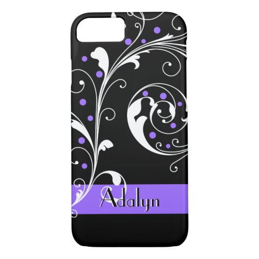 Elegant bloemenrolblad zwart paarse bloei Case-Mate iPhone case (Achterkant)