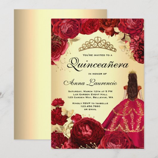 Elegant Bloemenrood en Goud Quinceanera Kaart (Voorkant / Achterkant)