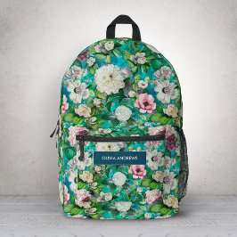 Elegant bloemenroze bloemblaadjes blauw monogram Bedrukte Rugzak