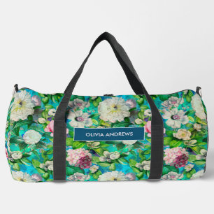  Elegant bloemenroze bloemblaadjes blauw monogram Plunjezak