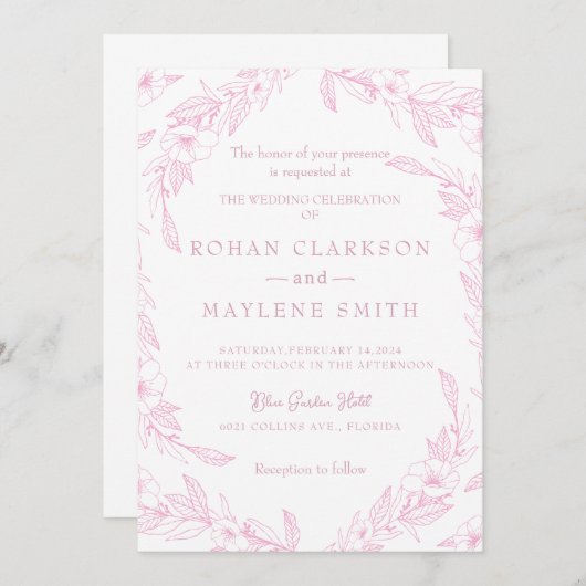 Elegant bloemenroze Bord bruiloft uitnodiging (Voorkant / Achterkant)