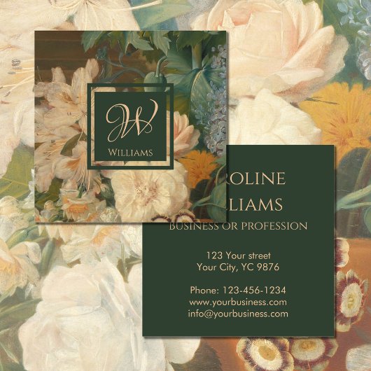 Elegant  Bloemenroze groen Monogram Vierkante Visitekaartje