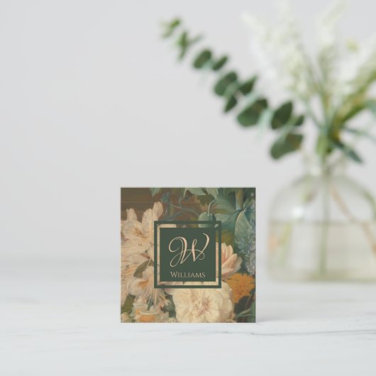 Elegant  Bloemenroze groen Monogram Vierkante Visitekaartje (Staand voorkant)