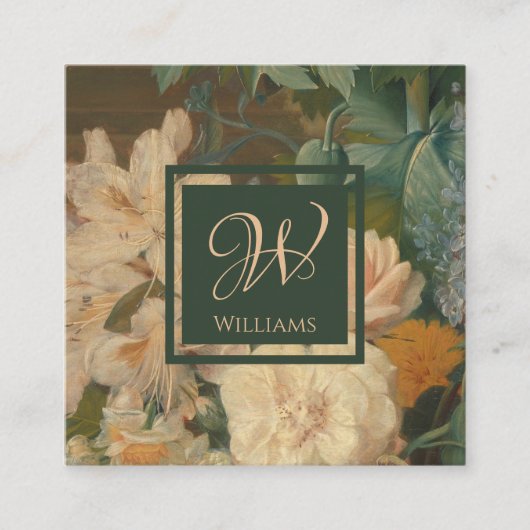 Elegant  Bloemenroze groen Monogram Vierkante Visitekaartje (Voorkant)