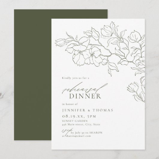 Elegant bloemensalie groen repetitie diner kaart (Voorkant / Achterkant)