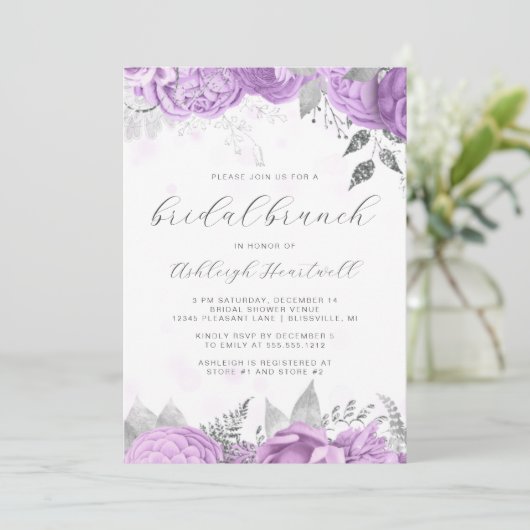Elegant bloemenschrift Lila zilveren bruids brunch Kaart (Staand voorkant)