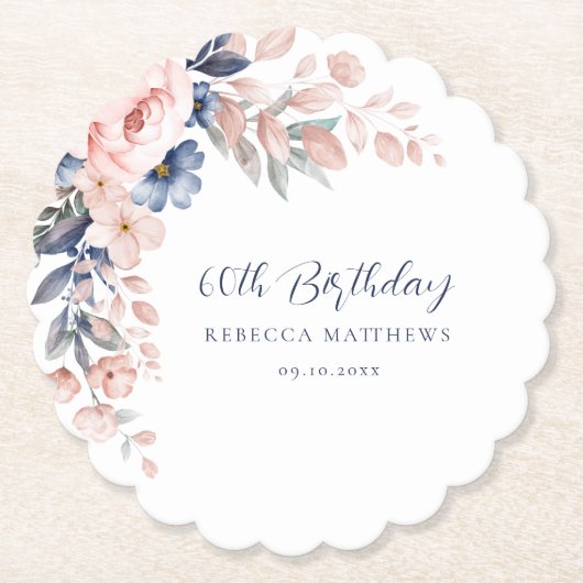 Elegant bloemenscript 60ste verjaardag kartonnen onderzetters (Voorkant)