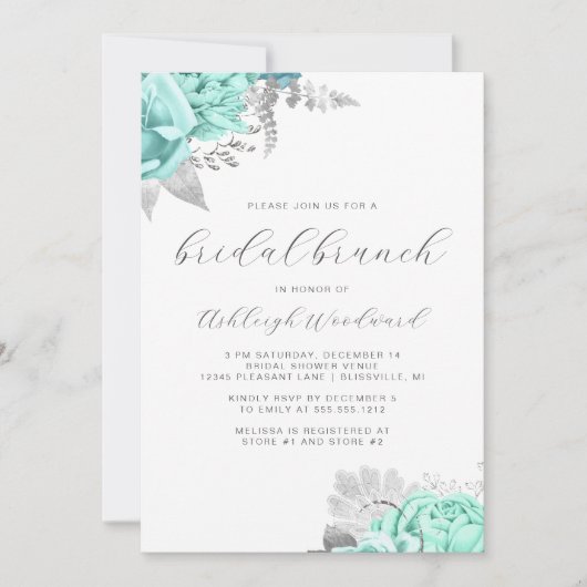 Elegant bloemenscript Aqua Silver Bridal Brunch Kaart (Voorkant)