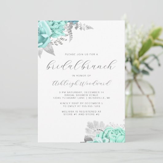 Elegant bloemenscript Aqua Silver Bridal Brunch Kaart (Staand voorkant)