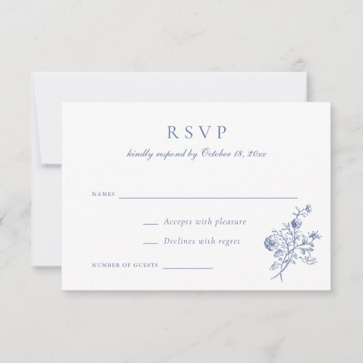 Elegant Bloemenscript Blauw Bruiloft RSVP Kaart (Voorkant)