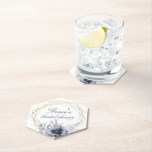 Elegant Bloemenscript in Blauw Wit Bruidsdiner Kartonnen Onderzetters (Insitu)