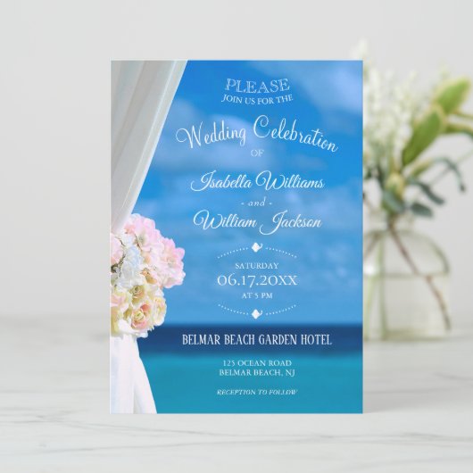 Elegant Bloemenstrand Zomer Bruiloft Viering Kaart (Staand voorkant)