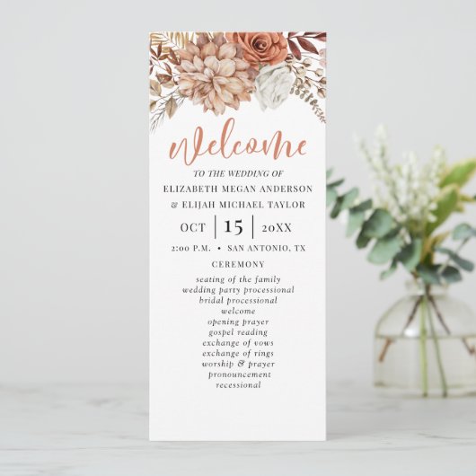 Elegant bloementerracotta bruiloft programma (Staand voorkant)