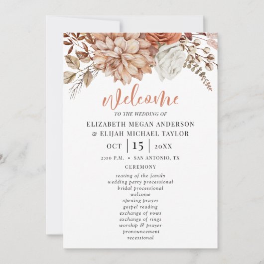 Elegant bloementerracotta bruiloft programma (Voorkant)