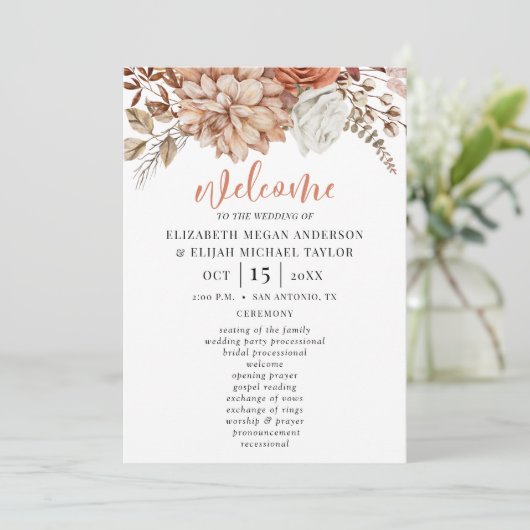 Elegant bloementerracotta bruiloft programma (Staand voorkant)