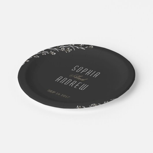 Elegant bloemenzwart rustiek bruiloft monogram papieren bordje (Gekanteld)