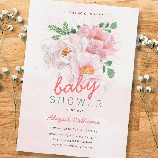 Elegant bloemig Baby shower met roze pioenen Kaart