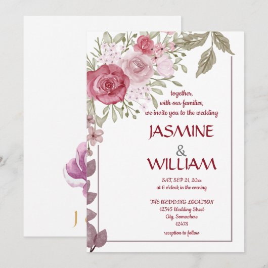 Elegant bloemig boeket van roze, paarse, beige kaart (Voorkant / Achterkant)