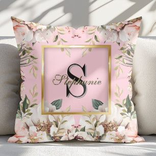 Elegant Bloemig Goud Lijst Monogram Blush Roze Kussen