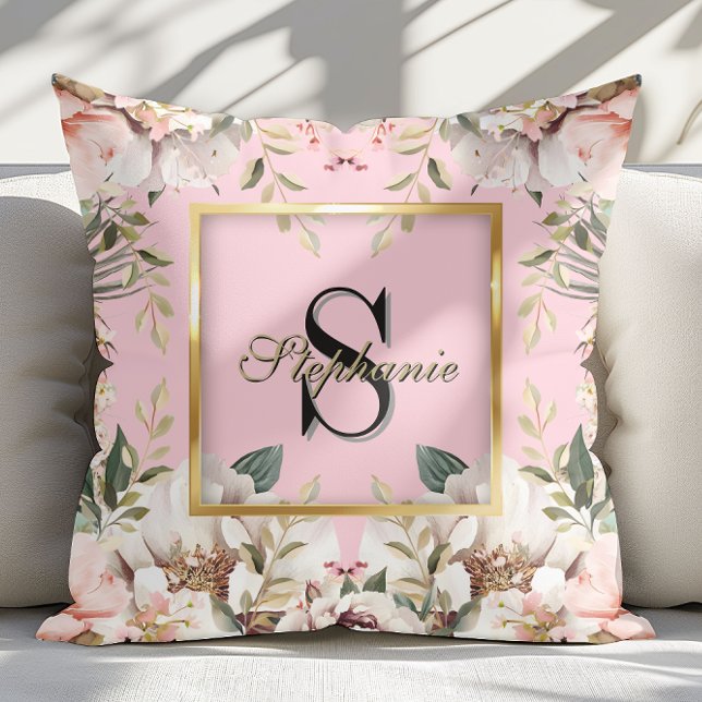 Elegant Bloemig Goud Lijst Monogram Blush Roze Kussen (Creator heeft geüpload)
