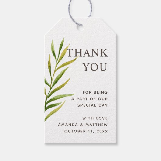 Elegant bloemig groen blad bruiloft bedankt cadeaulabel (Voorkant)