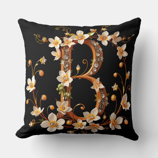 Elegant Bloemig Monogram B met Ingewikkeld Ontwerp Kussen (Voorkant)