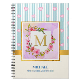 Elegant Bloemig Monogram en Blauwe Pastel Strepen Notitieboek