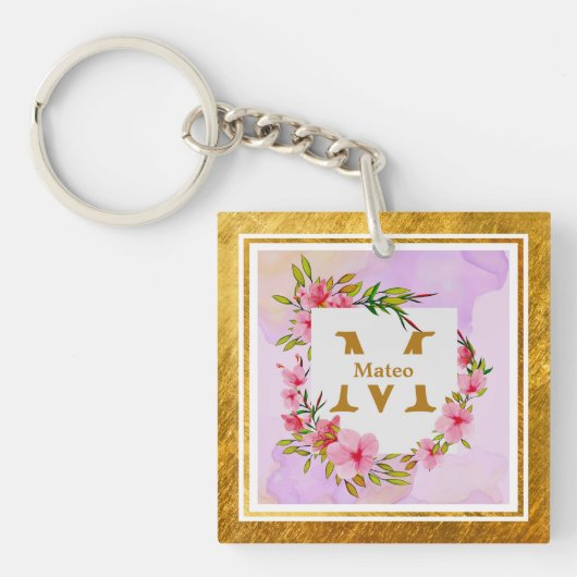 Elegant Bloemig Monogram I Naam & Initiaal Sleutelhanger (voorkant)