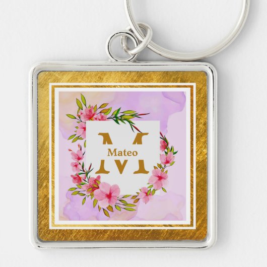 Elegant Bloemig Monogram I Naam & Initiaal Sleutelhanger (Voorkant)
