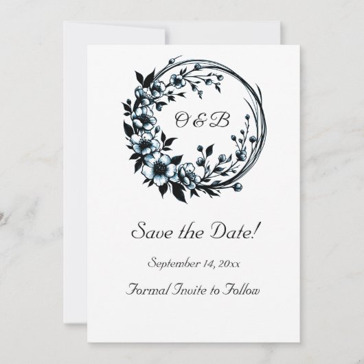 Elegant Bloemig Monogram Save The Date Kaart (Voorkant)