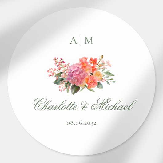 Elegant Bloemig Monogram Script Bruiloft Ronde Sticker