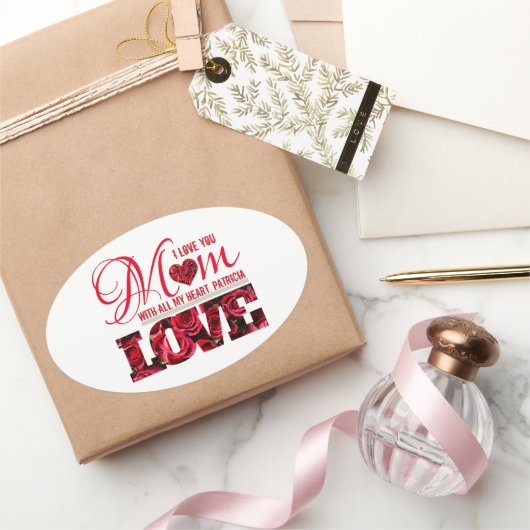 Elegant bloemig rood hart ik hou van je moeder moe ovale sticker (Geschenken)