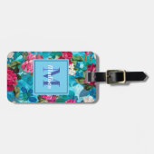 Elegant bloemig roze bloemen blauw patroon bagagelabel (Voorkant horizontaal)